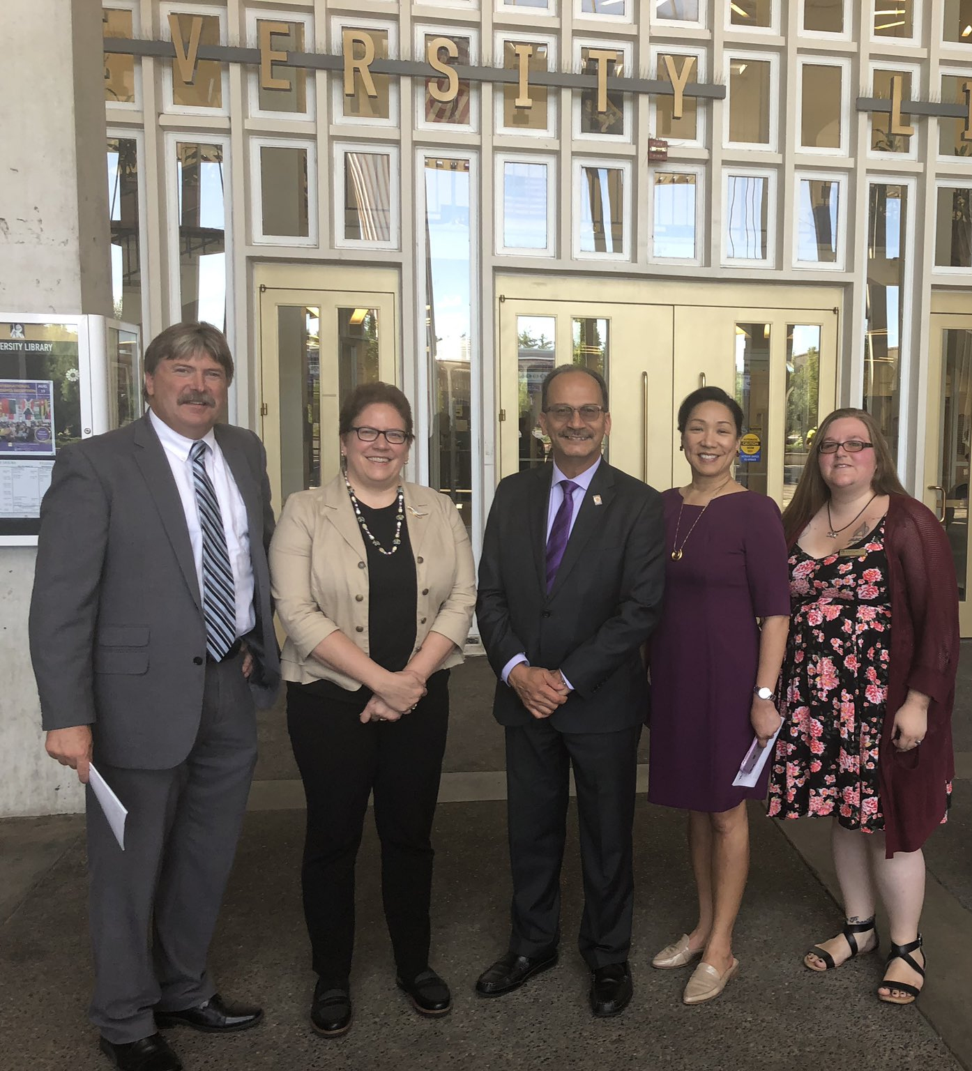 From left to right: Vice President for Finance and Administration Todd Foreman, Dean Rebecca Mugridge, President Havidán Rodríguez, Provost Carol Kim, and event-organizer Amanda Lowe