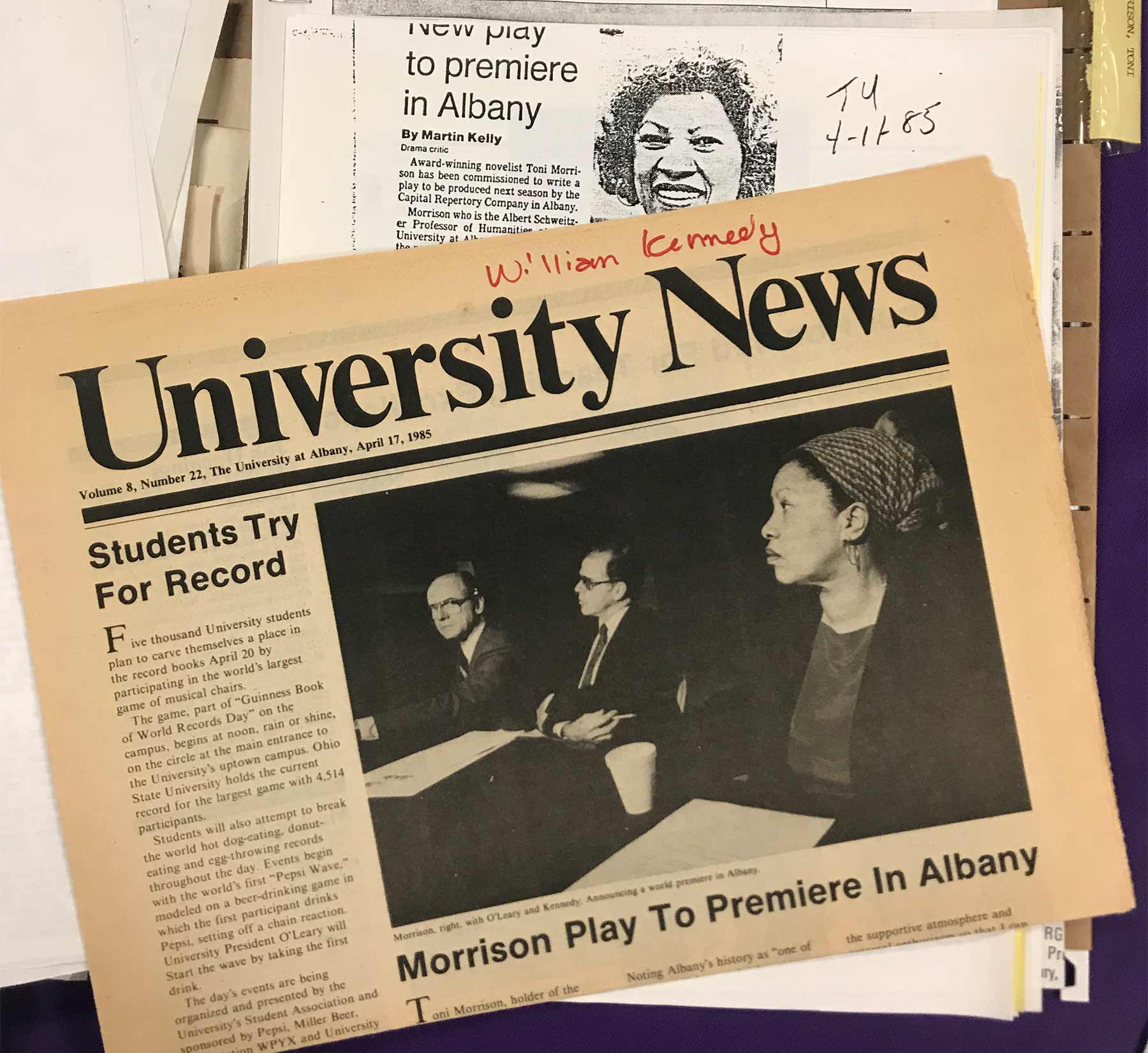 "Morrison Play to Premiere in Albany" announced in the University at Albany weekly newspaper, April 17, 1985. 