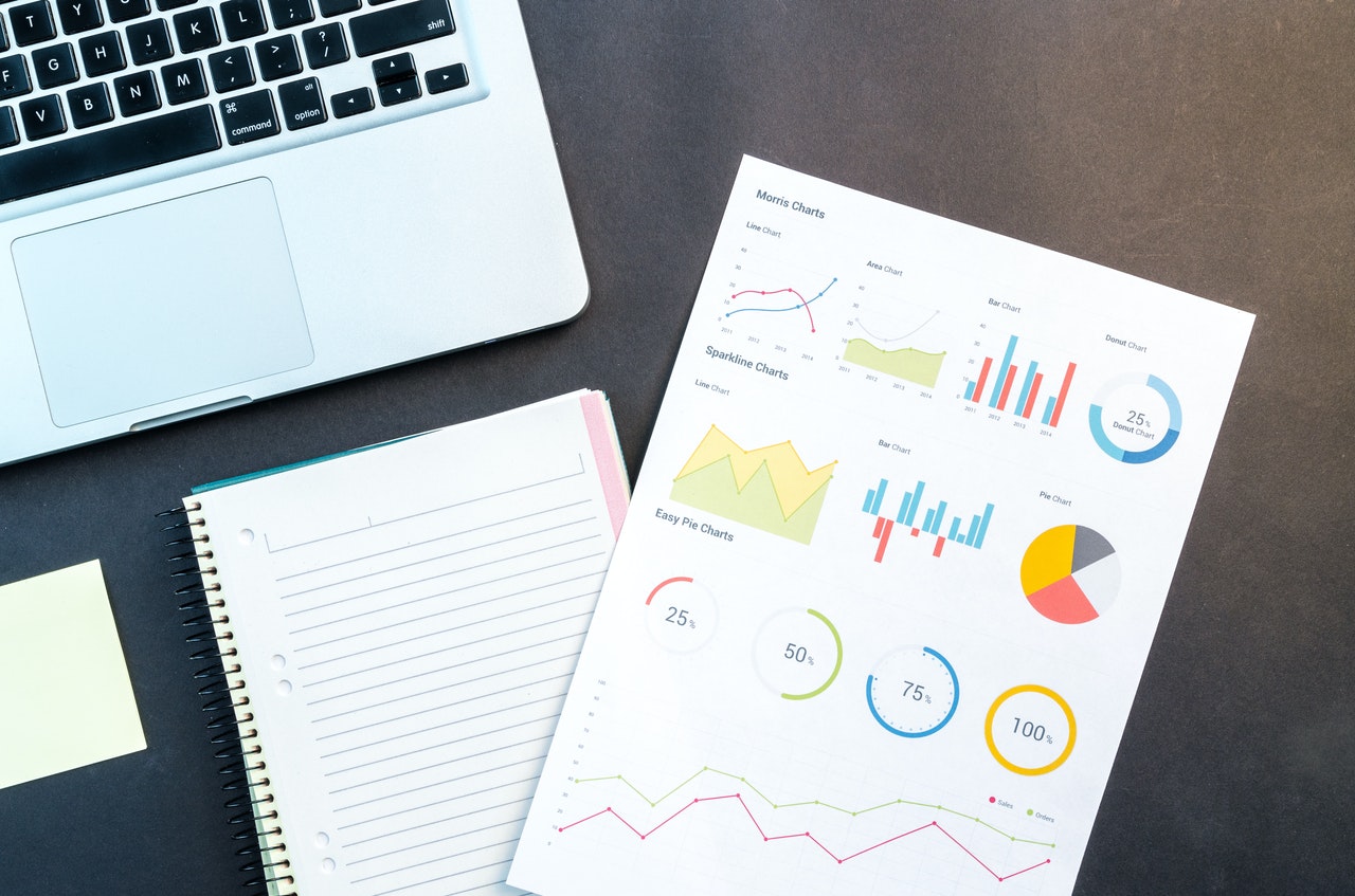 Data Visualizations printed out next to laptop