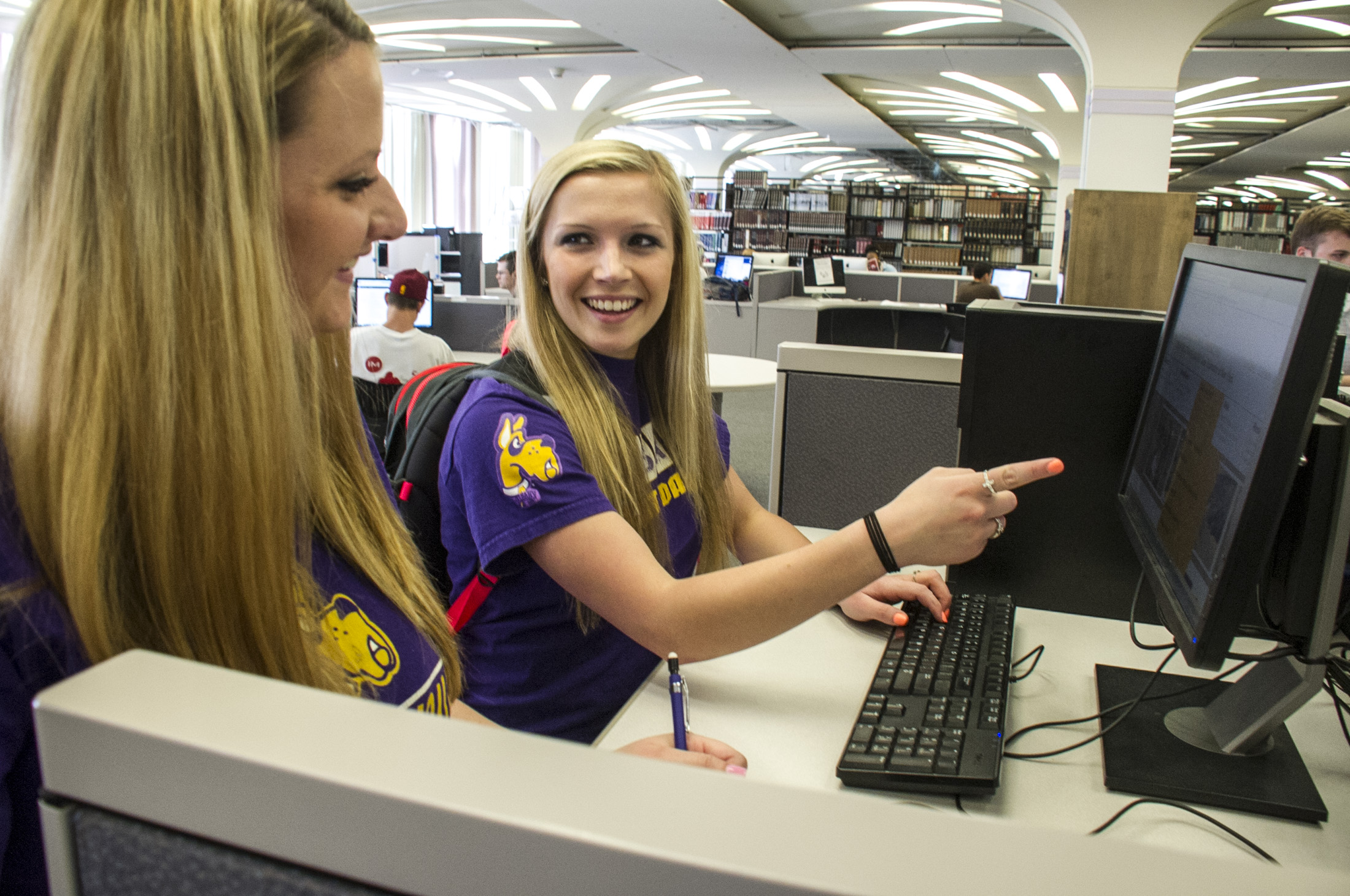 Students using computer in library