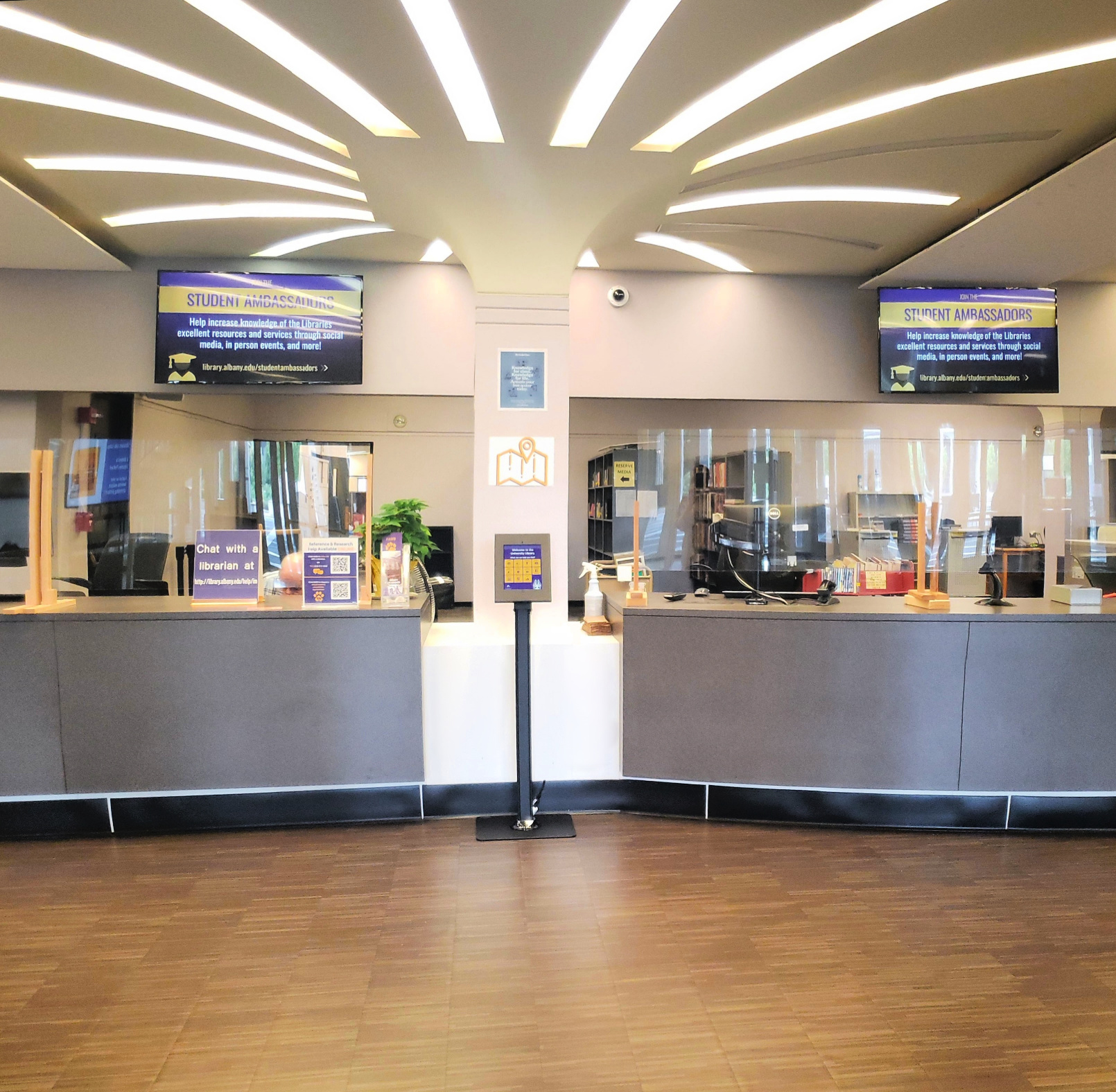 Wayfinding iPad kiosk at the main service desk at the University Library