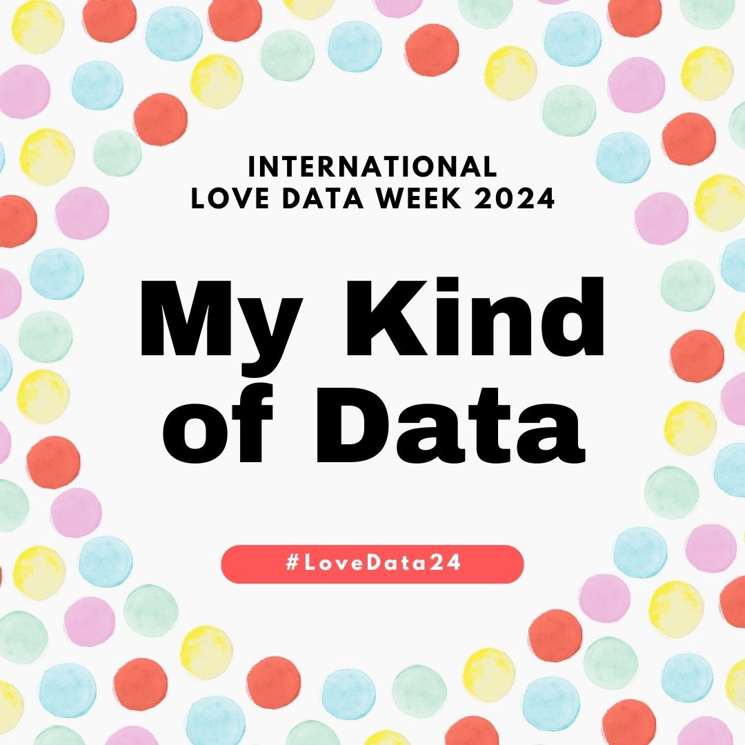 International Love Data Week 2024. My Kind of Data #LoveData24. All text is located in the middle and around the text, in a circular pattern are multicolored dots.