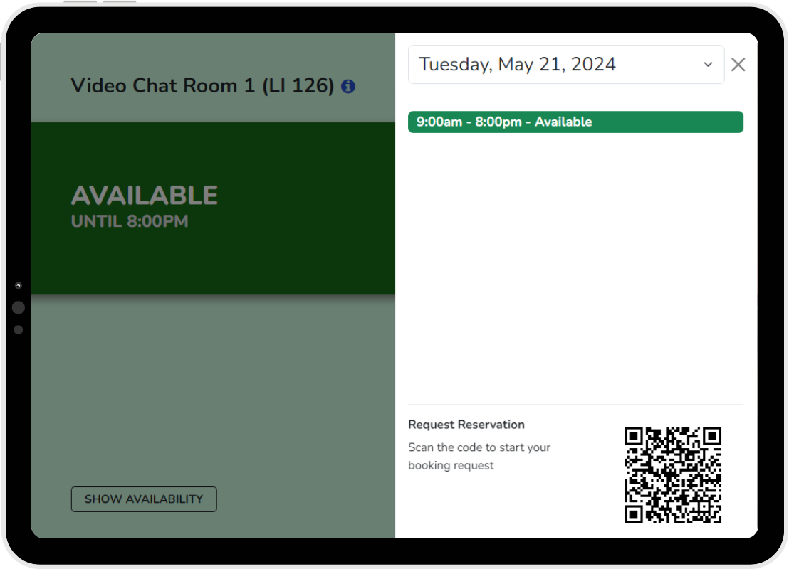 Video Chat Room Room Booking Tablet showing availability