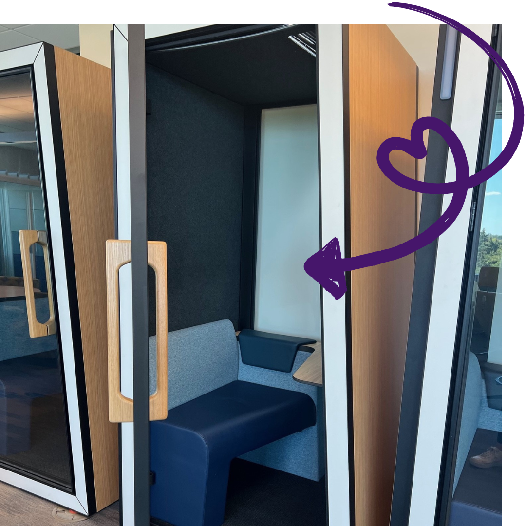 Individual Study Pod at GVSU Library offers sound proof space for a single user with a seat and task desk.