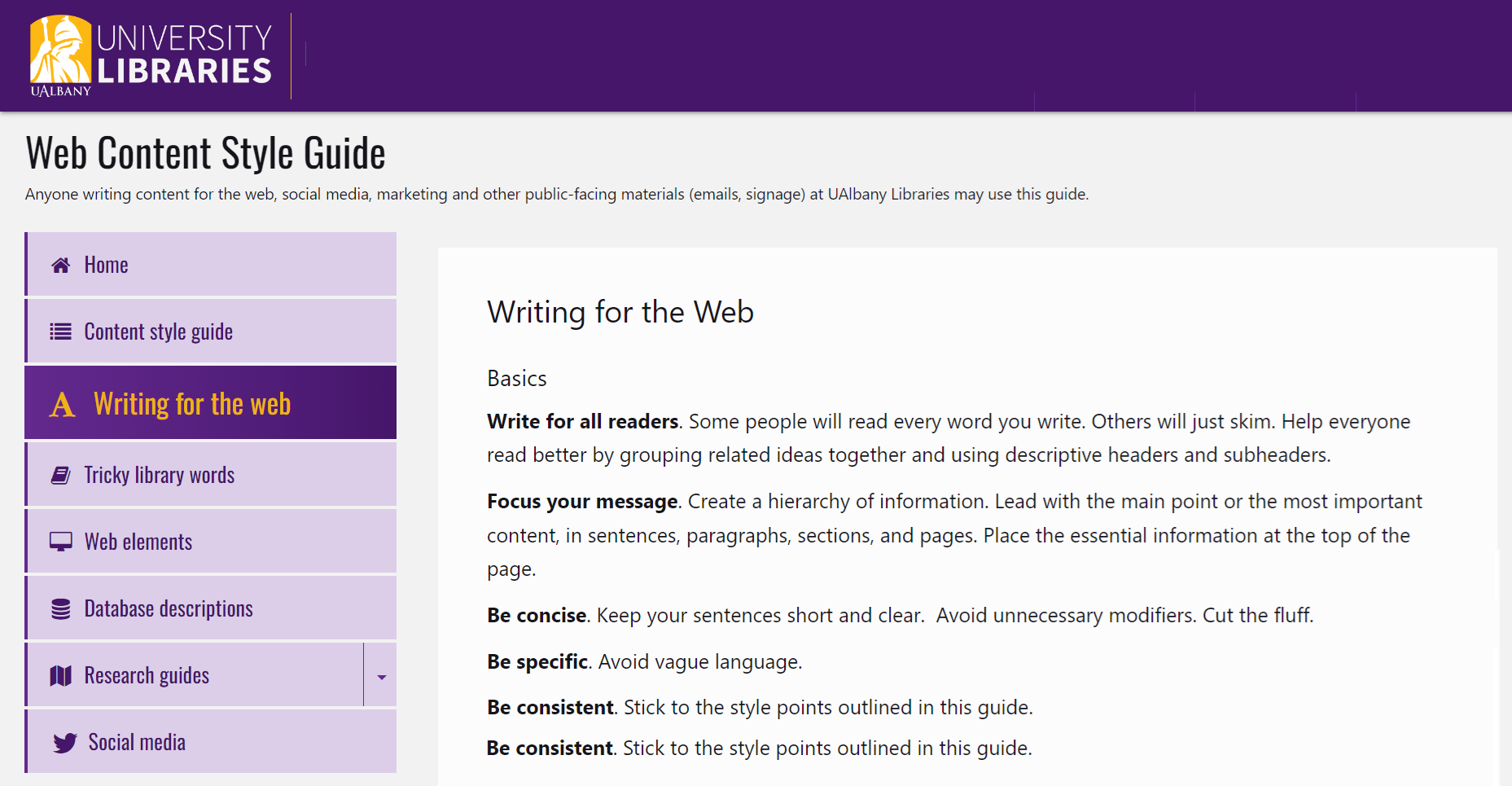 Screenshot of web content style guide