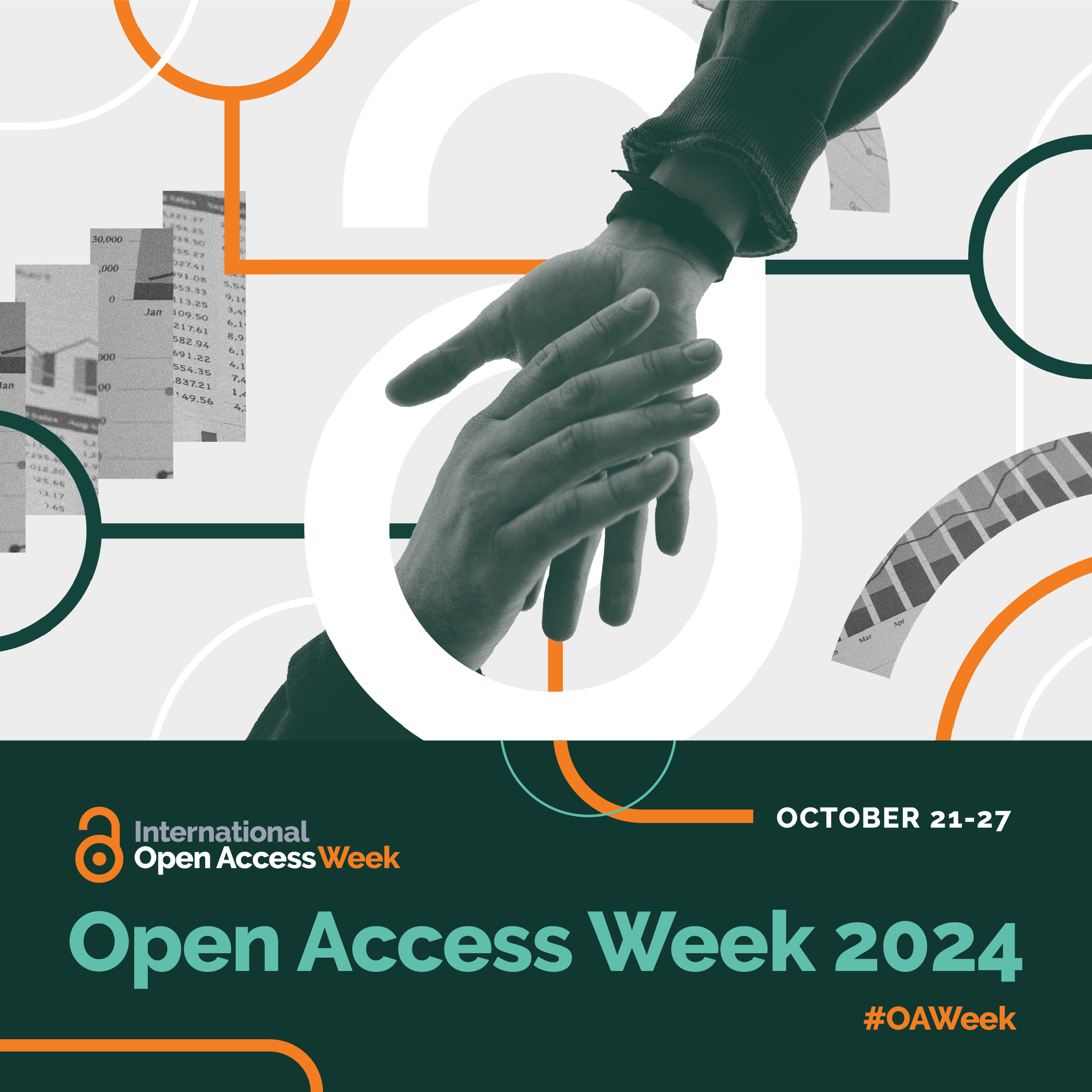 two hands clasping. Bottom of the image reads International Open Access Week, October 21-27. Open Access Week 2024 #OAWeek