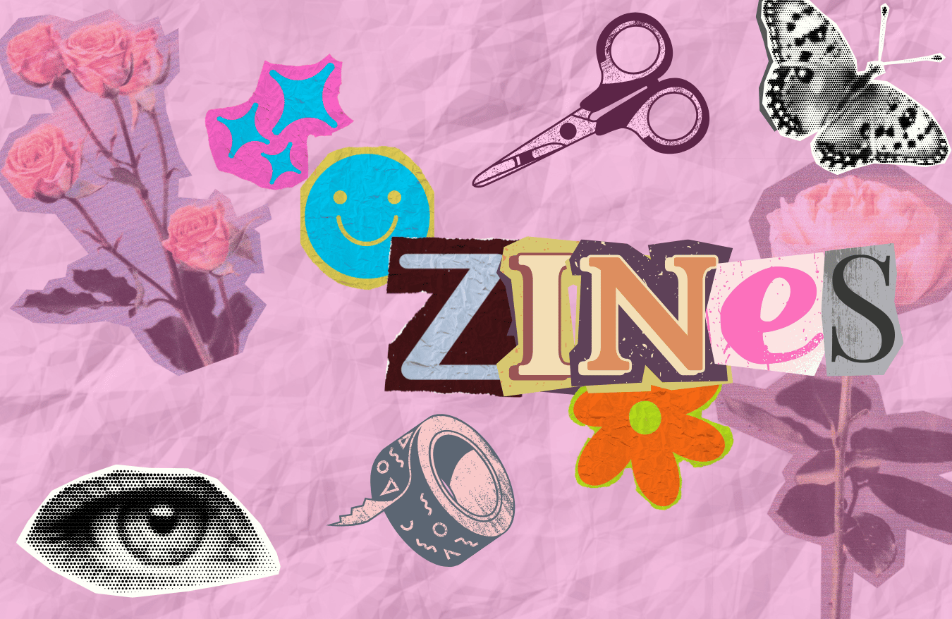 pink paper background. There are cut out images of flowers, smiley faces, stars, scissors, and tape. In cut out like letters the word "Zines" can be read