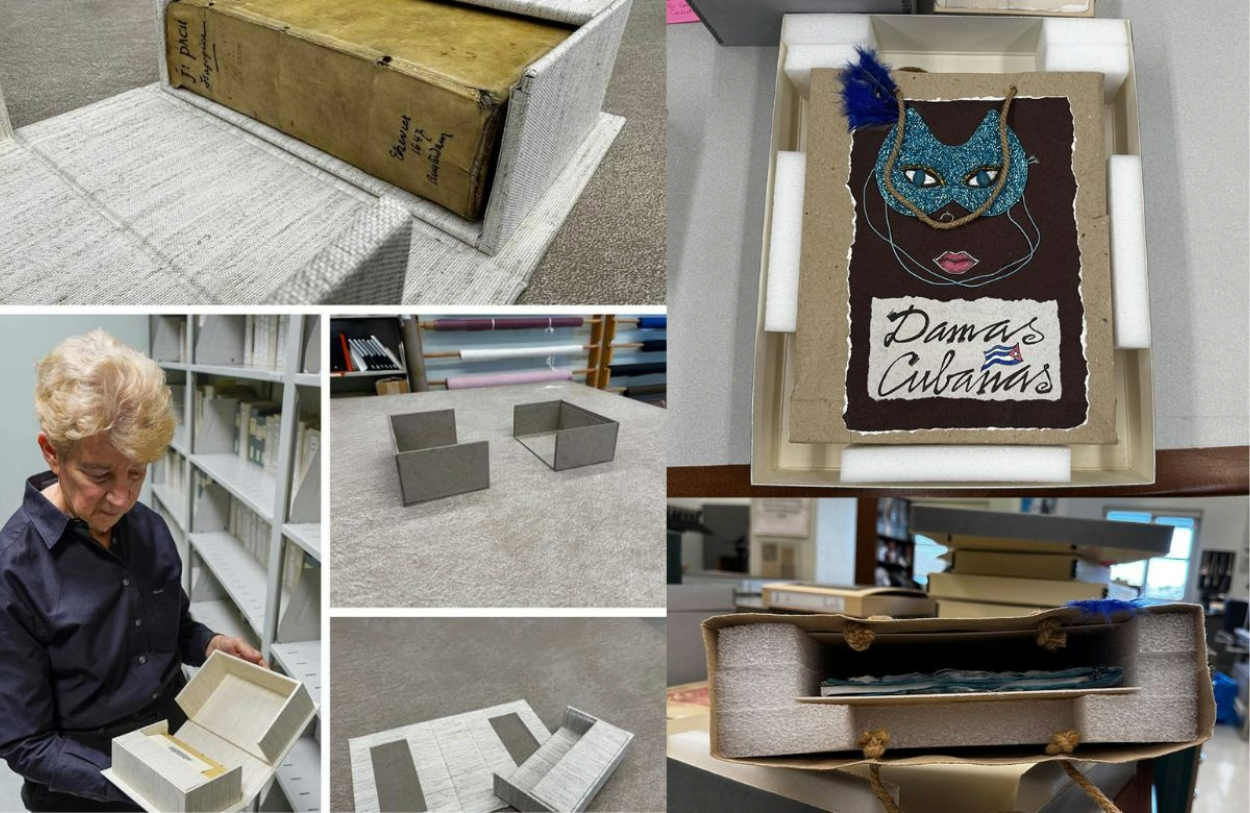 Multiple images from the Preservation department. Most images show books being put in protective boxes or pictures of the protective books. The bottom left photo shows a woman holding a book open within one of the protective boxes.