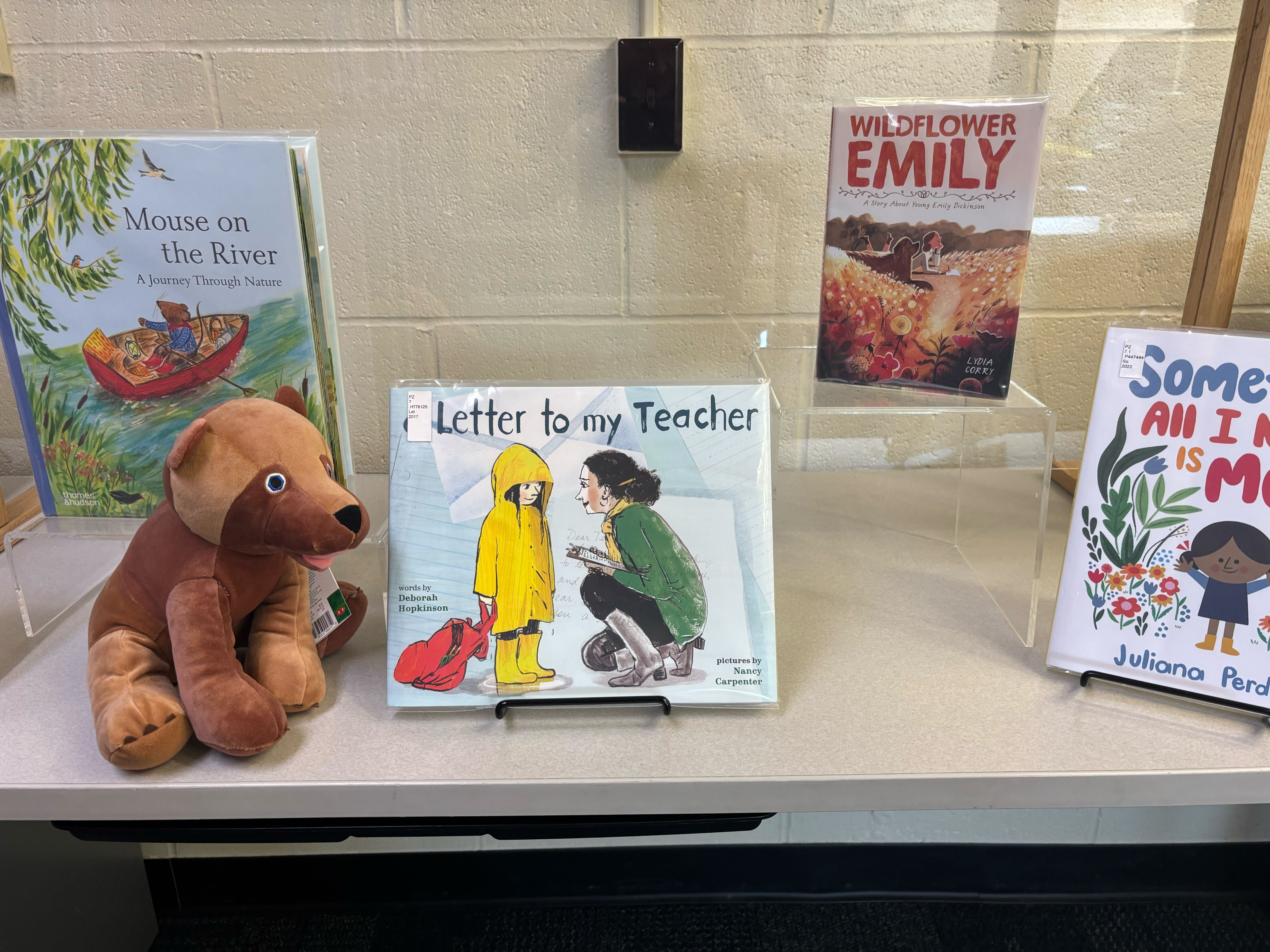 Four books and one stuffed animal on display in the Education Curriculum