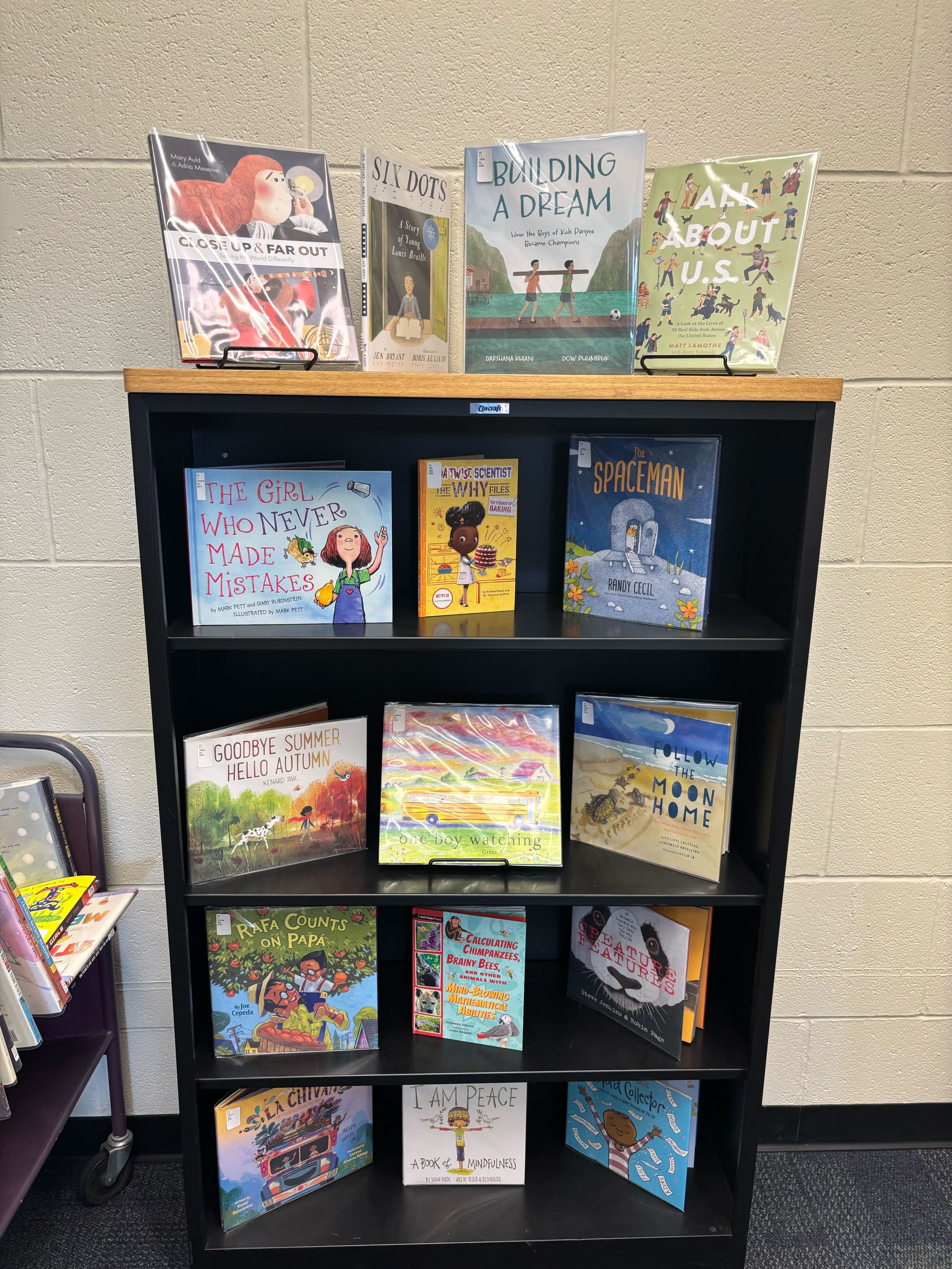A bookcase with items from the education curriculum