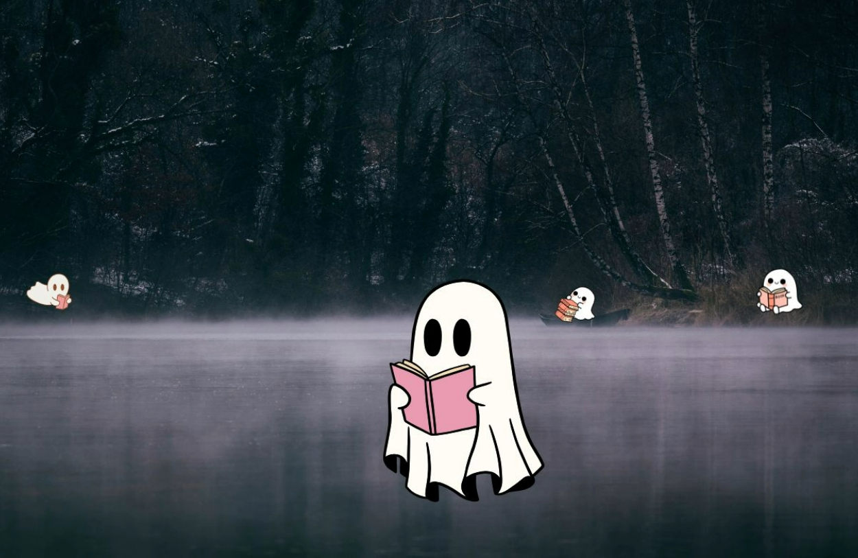 Creepy foggy lake with darken trees in the background. Various cartoon ghosts are seen around reading books. 