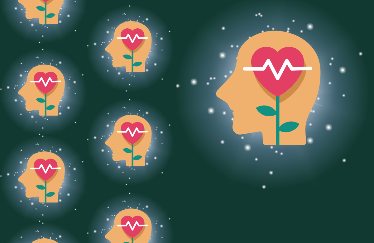 A dark green background. On top are several silhouettes of heads that have a flower stem with a red heart, showing a heartbeat line. Behind these heads are star fragments with a flare of light.  