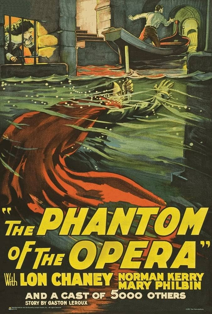 A creepy movie poster for The Phantom of the Opera with Lon Chaney