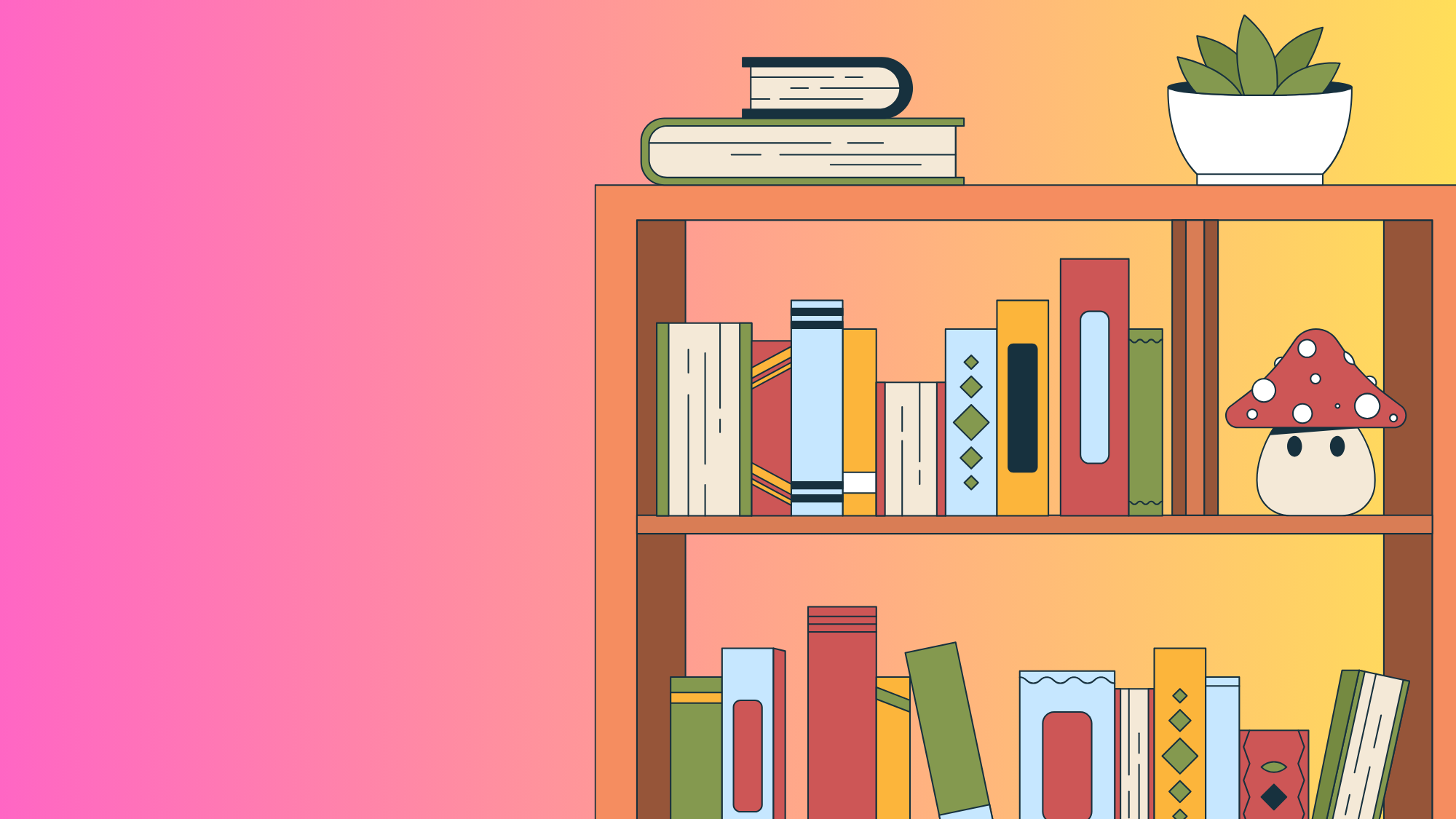 cute bookshelf with a potted plant and mushroom knick-knack