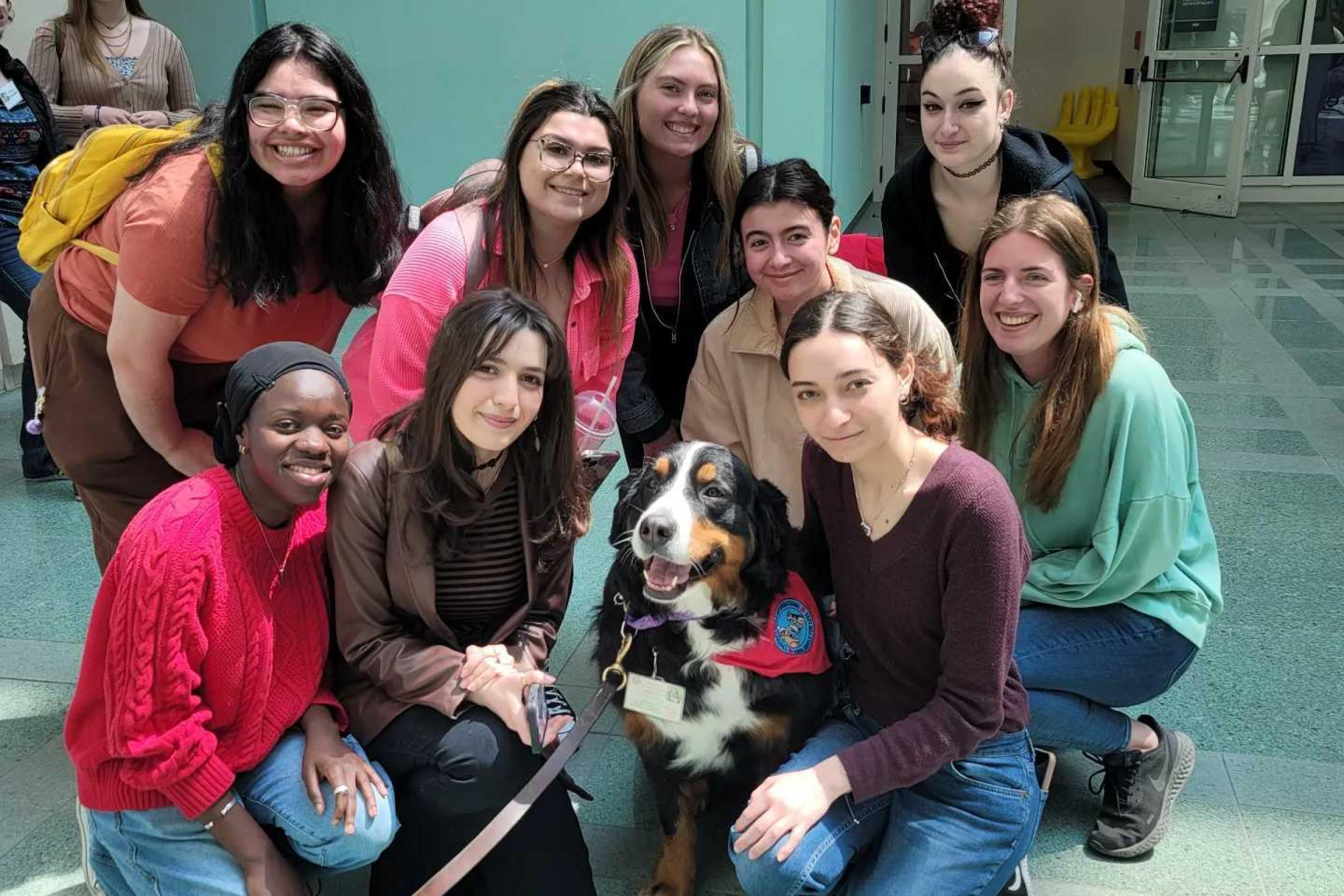Students pose for a group photo with therapy dogs