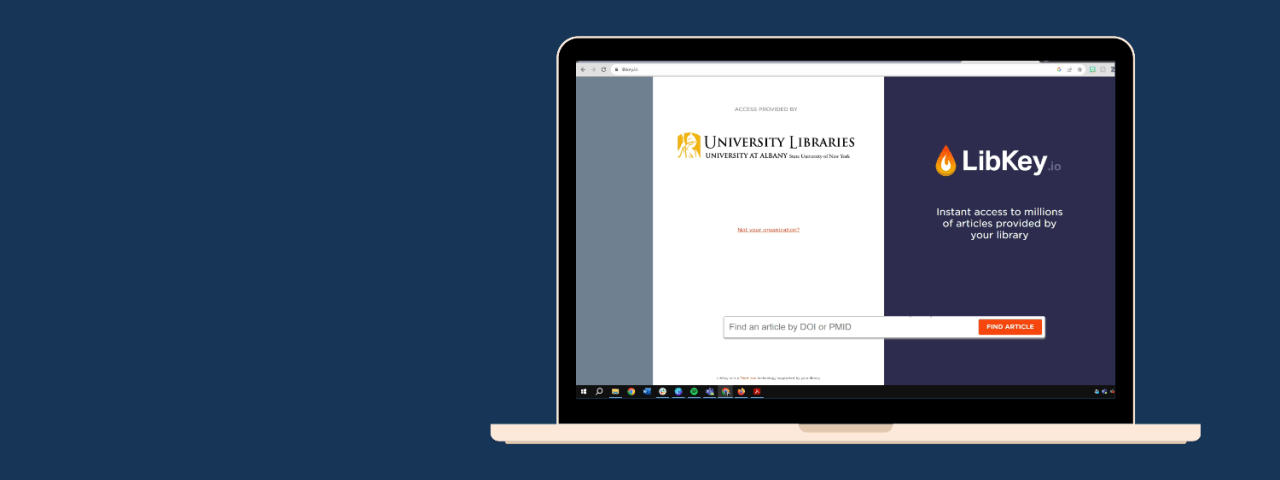 A laptop graphic with an instance of LibKey on the screen. Dark blue background behind the laptop graphic
