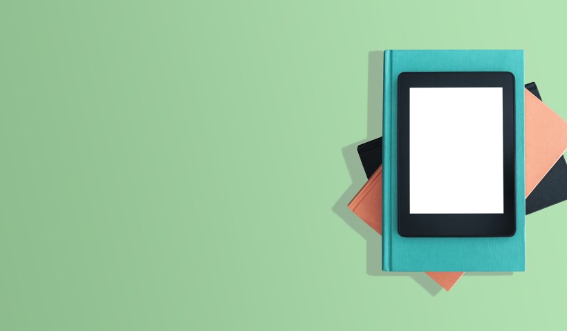 Bright illustration of an eBook reader on top of physical hardcover books.