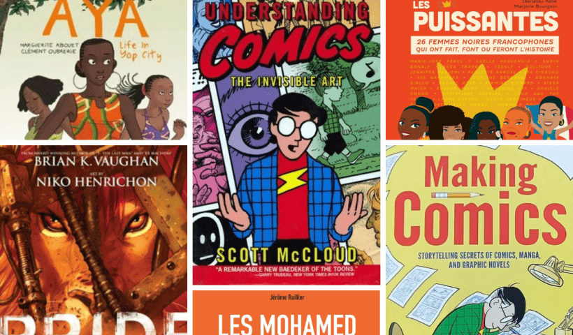 Colorful collage of graphic novel covers