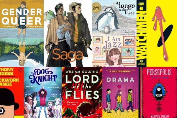Collage of 'banned book' covers, including Gender Queer, and tango makes three, and Lord of the Flies