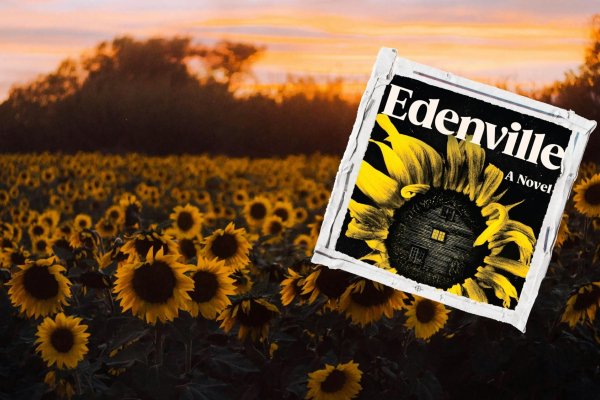 Stamp featuring a bookcover for Edenville, a Novel, over a field of sunflowers