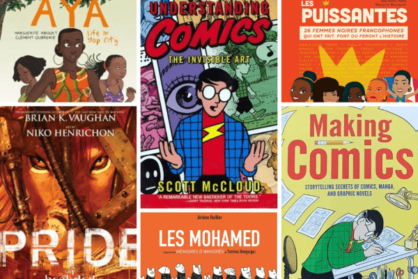 Colorful collage of graphic novel covers