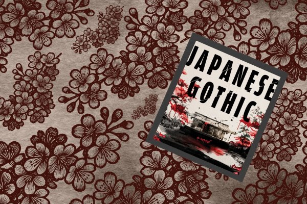 Bookcover for Japanese Gothic, over a burgundy and tan cherry blossom pattern.
