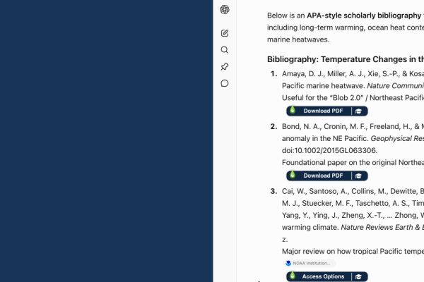 ChatGPT window with prompt for a bibliography shows a list of academic resources, several of which feature the LibKey Nomad's button for a direct Download of the PDF.