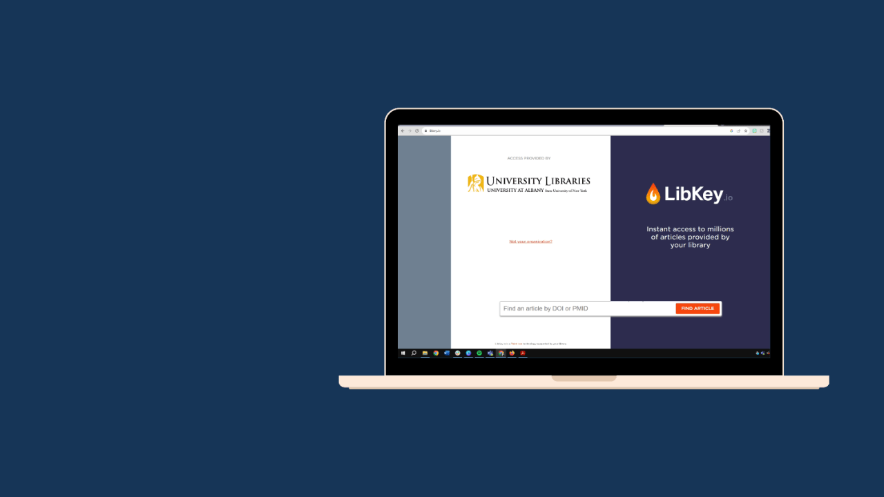 A laptop graphic with an instance of LibKey on the screen. Dark blue background behind the laptop graphic