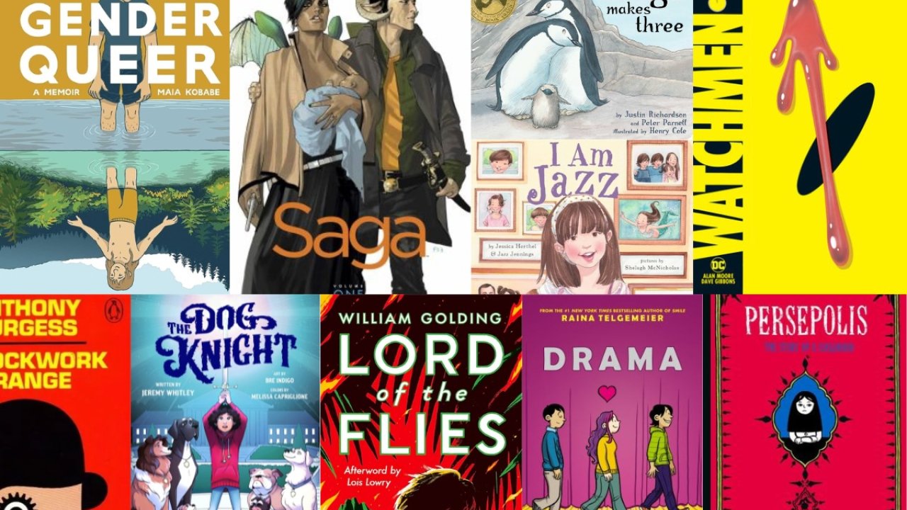 Collage of 'banned book' covers, including Gender Queer, and tango makes three, and Lord of the Flies
