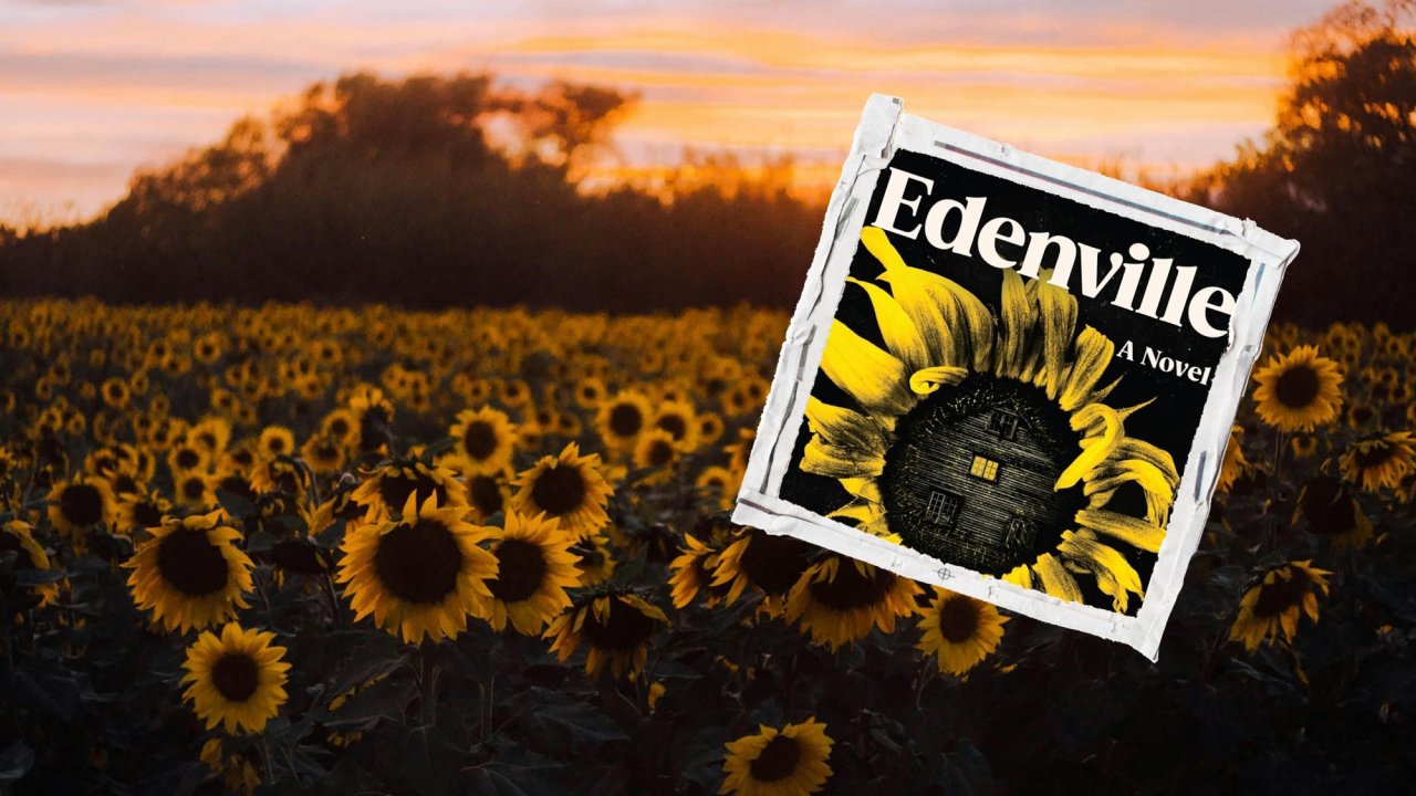 Stamp featuring a bookcover for Edenville, a Novel, over a field of sunflowers