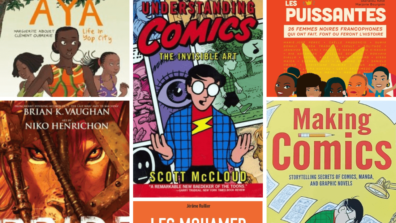 Colorful collage of graphic novel covers