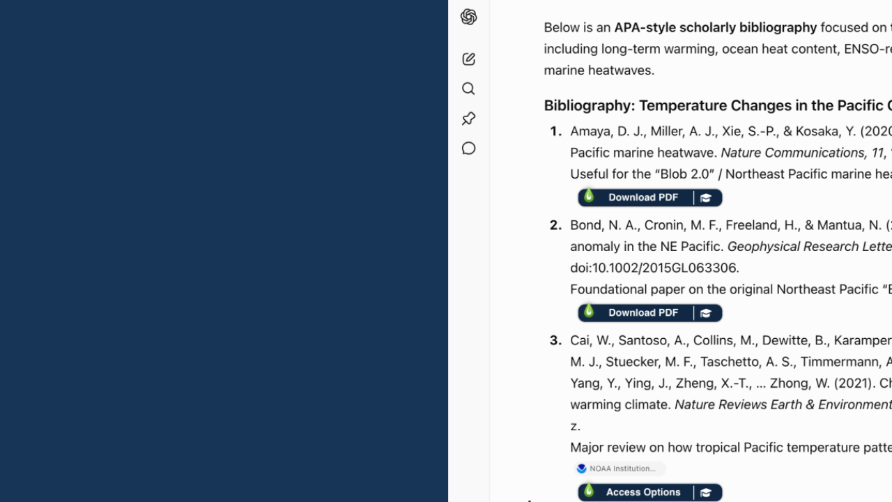 ChatGPT window with prompt for a bibliography shows a list of academic resources, several of which feature the LibKey Nomad's button for a direct Download of the PDF.
