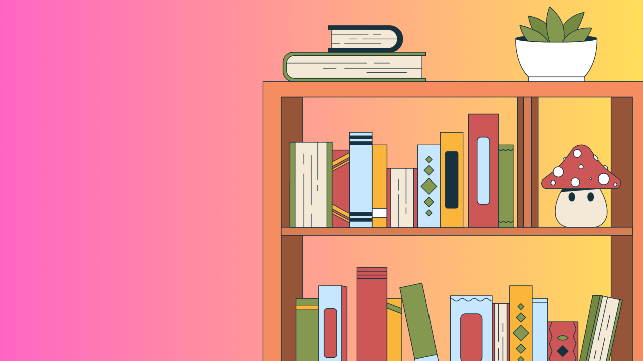 cute bookshelf with a potted plant and mushroom knick-knack