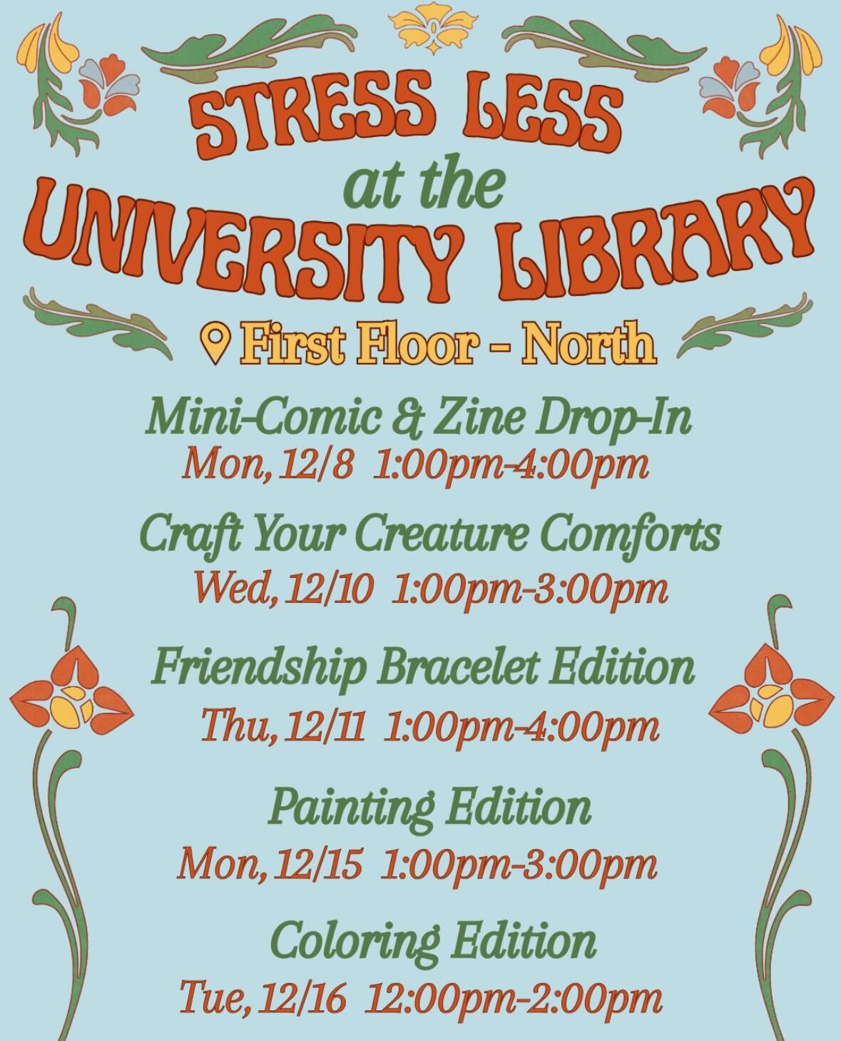 A blue and orange poster advertising Stress Less month