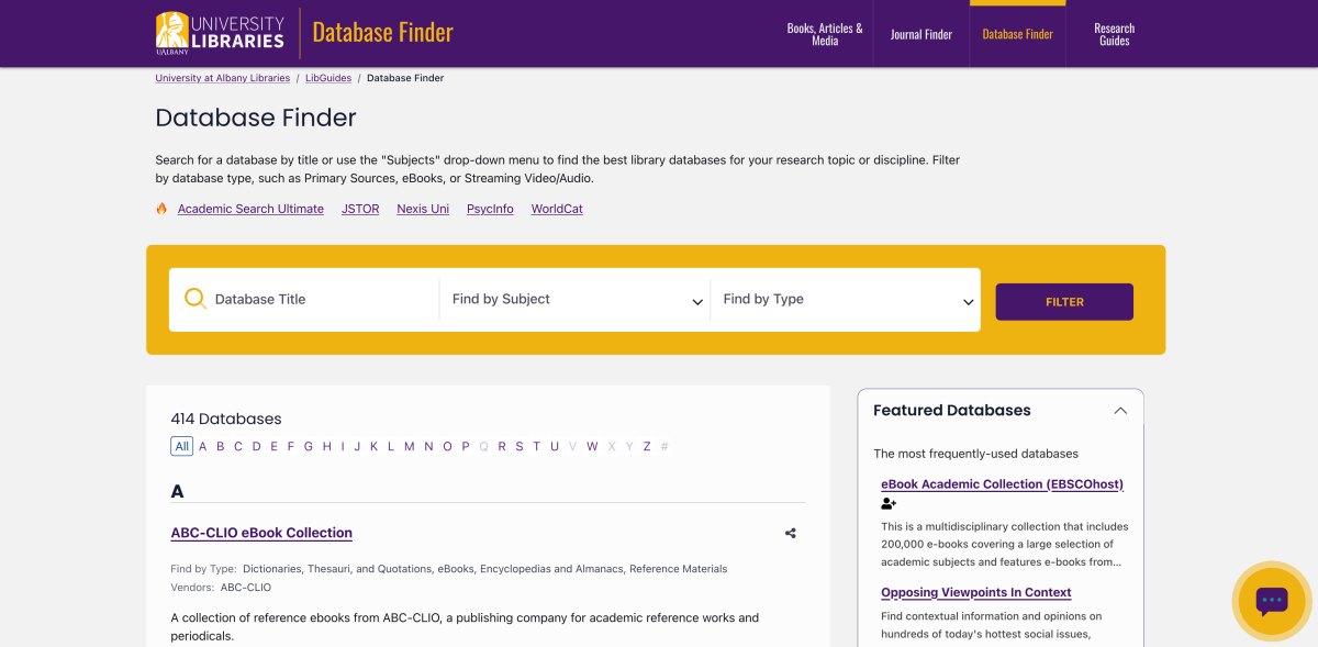 website with large inputs for 'database title', 'find by subject' and 'find by type' and search button