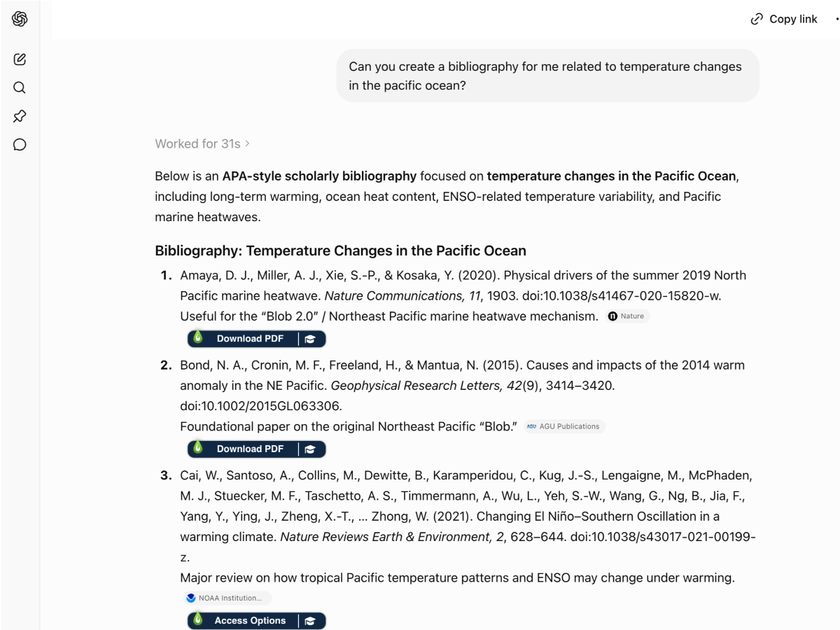 ChatGPT window with prompt for a bibliography shows a list of academic resources, several of which feature the LibKey Nomad's button for a direct Download of the PDF.