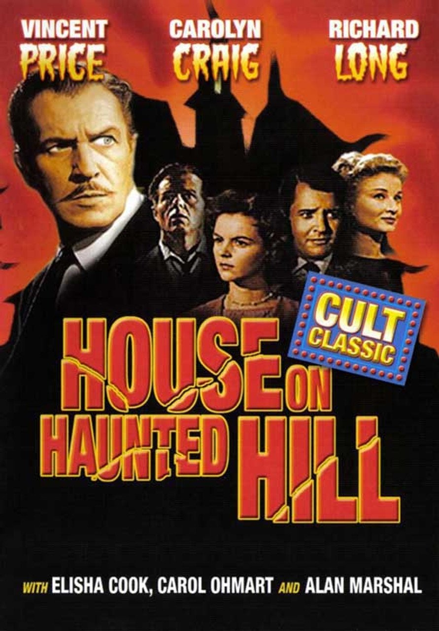 A creepy movie poster for cult classic House on Haunted Hill, starring Vincent Price, Carolyn Craig and Richard Long