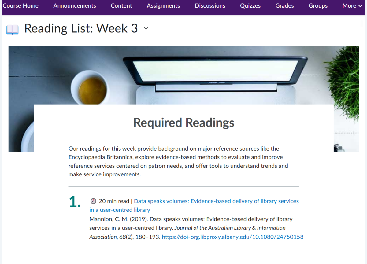 Screenshot of a Brightspace Required Readings page showing a linked article with its full citation and a clickable DOI link through the library proxy.